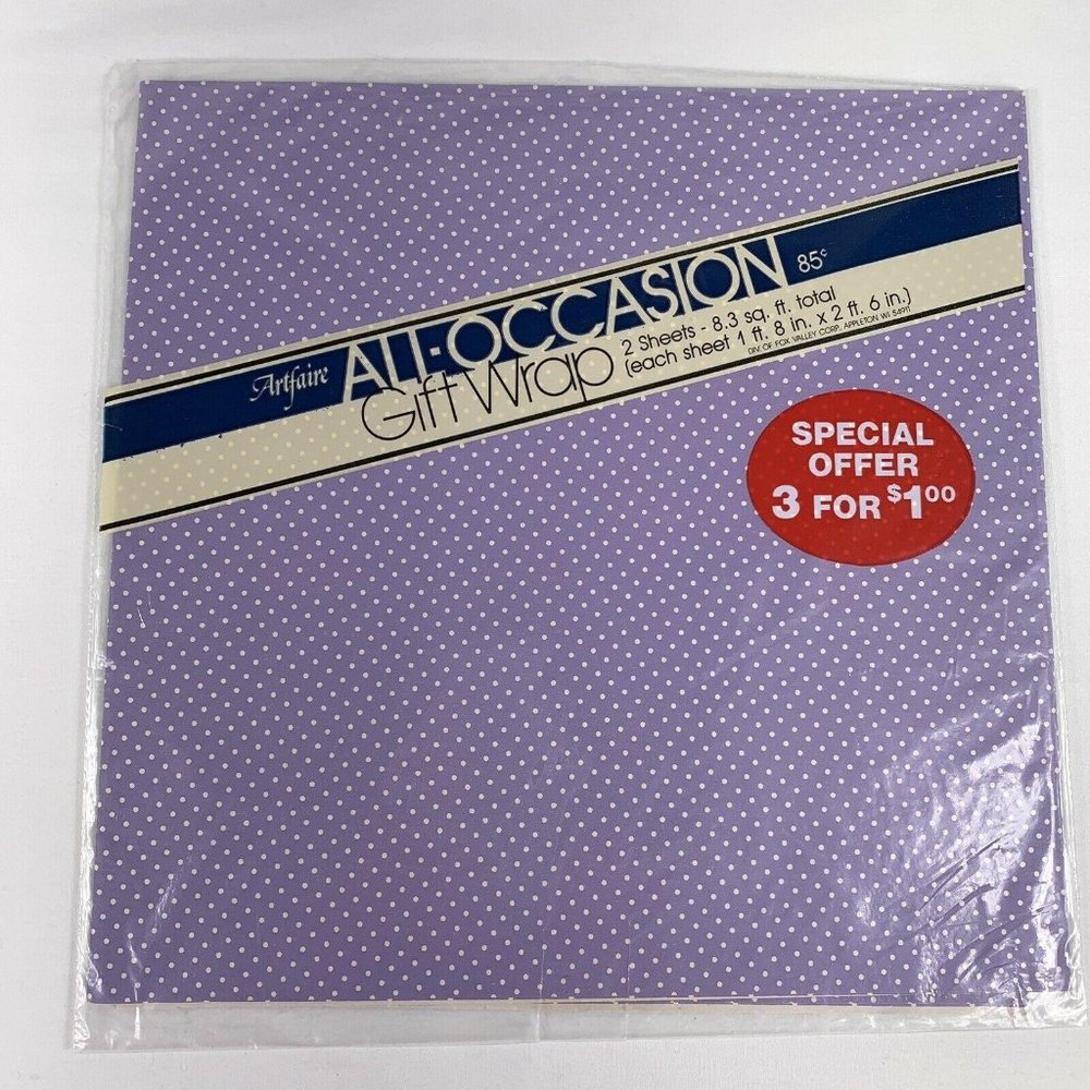 Vintage Artfaire All Occasion Lavender Polka Dot Gift Wrap Sheets Two 20" x 30"